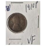 1910P LINCOLN WHEAT CENT, VF
