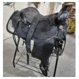 VNTG. BLACK LEATHER TOOLED SADDLE, 15" SEAT