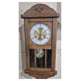 OAK GERMAN CHIME WALL CLOCK W/ KEY, WORKS