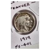 1919 "2 FEATHER" BUFFALO NICKEL FS-401