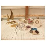 TEA CUPS, SMALL CLOCKS, BRASS SAILBOAT FIGURINE