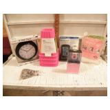 BED RISERS, WALL CLOCK, PLASTIC DROP CLOTH