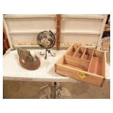 WOOD TRAY, PLASTIC DUCK, METAL GLOBE