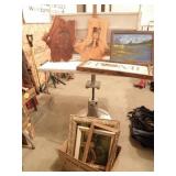 BOX OF PICTURE FRAMES, PICTURES, WOOD ART