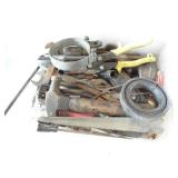 PLASTIC TUB OF MISC TOOLS, HAMMER, WRENCHES, SNIPS