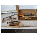 BOX OF WOOD WORKING TOOLS, DRAW KNIFE