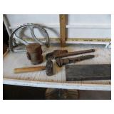 PIPE WRENCH, SMALL TOOLBOX, HAMMER, TRAILER JACK