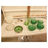 MILK GLASS BOWL, PYREX DISH W/ LID, GREEN GLASS