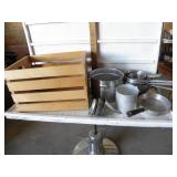 WOOD CRATE W/ ALLUMINUM PANS