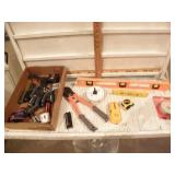 BOX OF MISC TOOLS, BOLT CUTTERS LEVEL