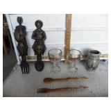 STONEWARE WILDRICE VASE, WOOD CARVED ART