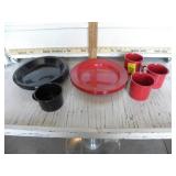RED AND BLACK ENAMAL WARE DISHES