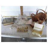 WICKER BASKET, LINENS, RECIPE BOX, WOOD BOX