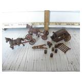 CAST IRON HORSES AND WAGON, BARRELS