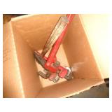 BOX OF PLUMBING WRENCHES / HAND SLEDGE ETC