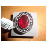 GARNET RING SZ 9 / SAYS GERMAN SILVER ON TAG GARNET RING SZ 9 / SAYS GERMAN SILVER ON TAG