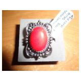 RED CORAL RING SZ 8 / SAYS GERMAN SILVER ON TAG RED CORAL RING SZ 8 / SAYS GERMAN SILVER ON TAG