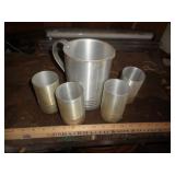 VINTAGE ALUMINUM WATER PITCHER & CUPS VINTAGE ALUMINUM WATER PITCHER & CUPS