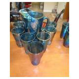 BLUE CARNIVAL GLASS PITCHER & 7 GLASSES BLUE CARNIVAL GLASS PITCHER & 7 GLASSES