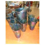 BLUE CARNIVAL GLASS PITCHER & 7 GLASSES BLUE CARNIVAL GLASS PITCHER & 7 GLASSES