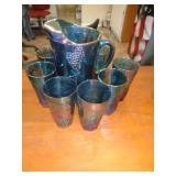 BLUE CARNIVAL GLASS PITCHER & 7 GLASSES BLUE CARNIVAL GLASS PITCHER & 7 GLASSES