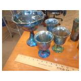 BLUE CARNIVAL GLASS COMPOTE & 3 GLASSES / FR BLUE CARNIVAL GLASS COMPOTE & 3 GLASSES / FR