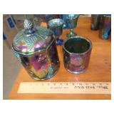 BLUE CARNIVAL GLASS COVERED CANISTER & 1 NO LID BLUE CARNIVAL GLASS COVERED CANISTER & 1 NO LID