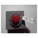 RED CORAL RING SZ 7 / TAG SAYS GERMAN SILVER RED CORAL RING SZ 7 / TAG SAYS GERMAN SILVER