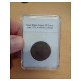 1775 BRITISH 1/2 PENNY / EARLY COLONIAL AMERICA 1775 BRITISH 1/2 PENNY / EARLY COLONIAL AMERICA