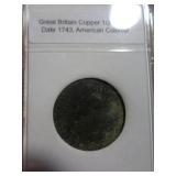 1743 KING GEORGE II EARLY COLONIAL 1/2 PENNY 1743 KING GEORGE II EARLY COLONIAL 1/2 PENNY