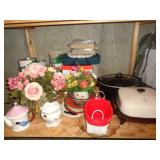 LARGE SHELF OF FLOWERS / PANS / GLASSWARE / BM