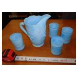 BLUE SLAG GLASS PITCHER & CUPS / ONE CUP REPAIRED
