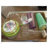 GLASS & PLASTIC MIXED LOT / LID IS CHIPPED