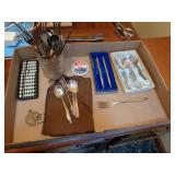 FLAT WITH SILVERPLATE, PENS & PIN BACKS