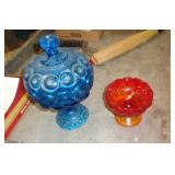BLUE GLASS COVERED COMPOTE & AMBERINA BLUE GLASS COVERED COMPOTE & AMBERINA