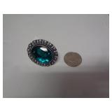 RING - GERMAN SILVER - GREEN EMERALD - SZ 7