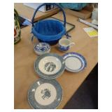 BLUE & WHITE DISHES IN BASKET