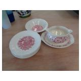 RED & WHITE DISHES - 1 BOWL, 6 SAUCERS & GRAVY
