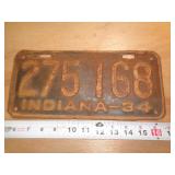 1934  INDIANA LICENSE PLATE