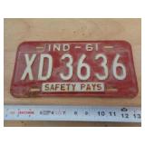 1961  INDIANA LICENSE PLATE