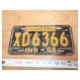 1962  INDIANA LICENSE PLATE