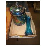 CARNIVAL GLASS CANISTER & VINTAGE VASE CARNIVAL GLASS CANISTER & VINTAGE VASE