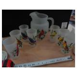SET - PITCHER & 7 GLASSES / FROSTED GLASS / BIRDS SET - PITCHER & 7 GLASSES / FROSTED GLASS / BIRDS