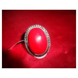 GERMAN SILVER RING - RED CORAL SZ 6