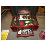 WOOD JEWELRY BOX FULL OF COSTUME JEWELRY
