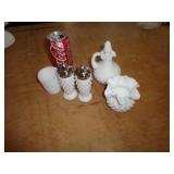 MILK GLASS LOT S&P, CRUET, TOOTPICK & ETC