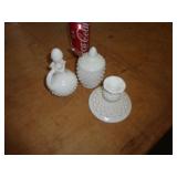MILK GLASS LOT JELLY SERVER HAS GLASS SPOON