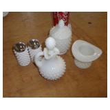MILK GLASS LOT JELLY SERVER HAS GLASS SPOON