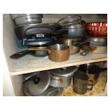 2 SHELVES OF POTS AND PANS / K