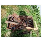 WOOD BOX OF OLD TOOLS / OUTSIDE